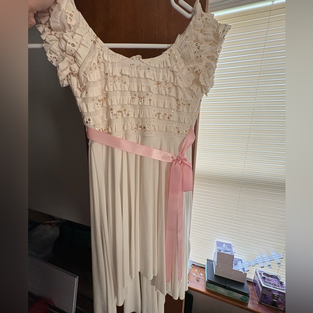 Cream Kids Dress with Pink Ribbon